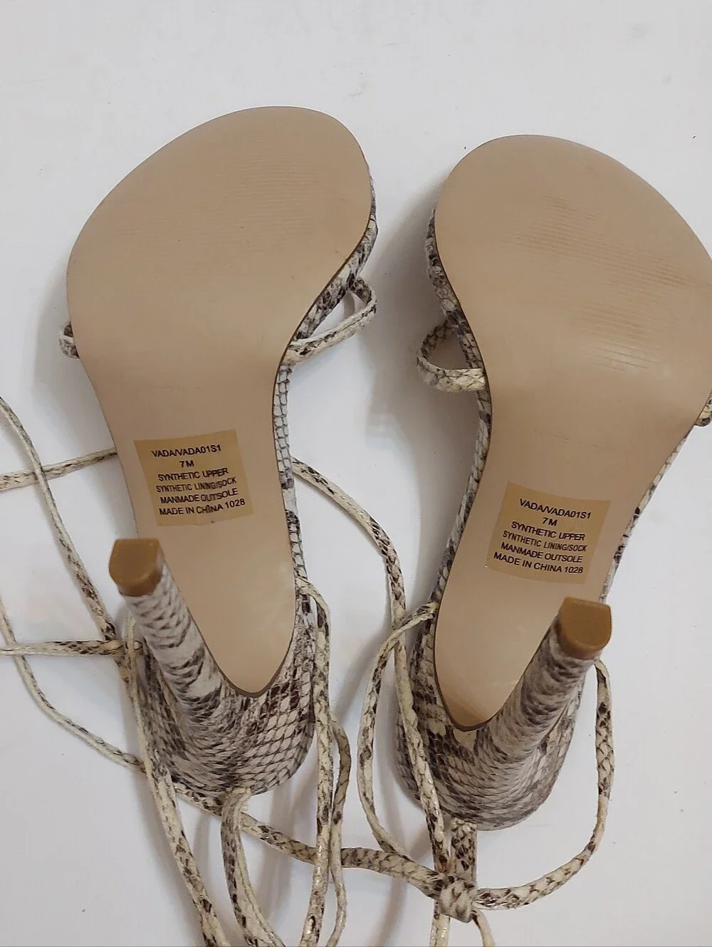 Steve Madden Snake-Print Lace-Up Stiletto Sandals in Beige
